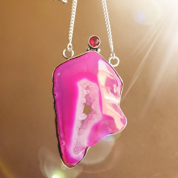New Pink Agate Druzy & Garnet 925 Silver Necklace. - Picture 6 of 14